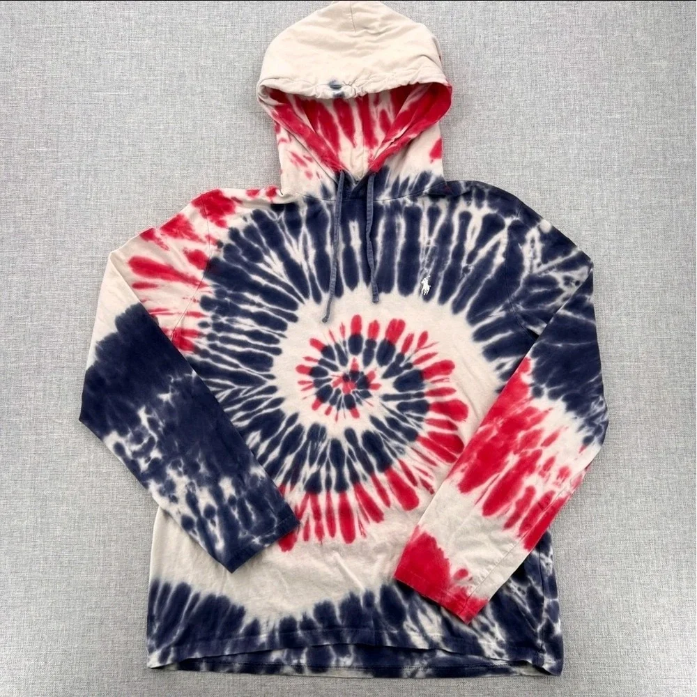Polo Ralph Lauren Tie Dye Hoodie Shirt Men's Small Red Blue Spiral Pony Logo USA